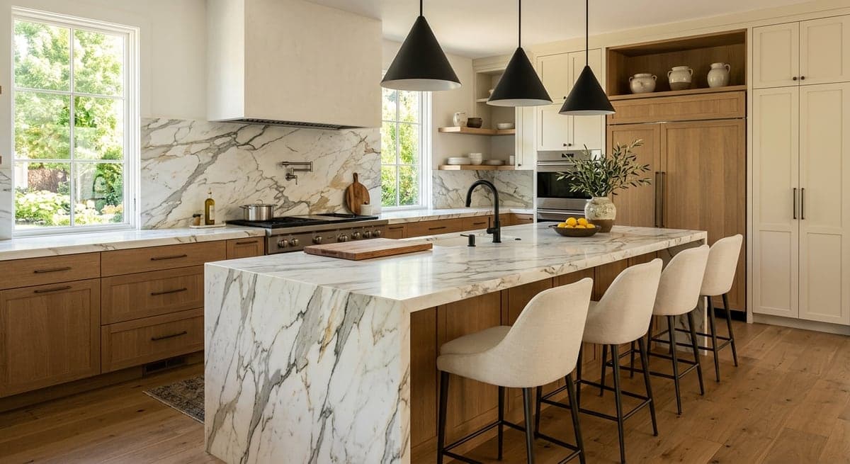The same Calacatta marble as a finished waterfall island in a fitted kitchen