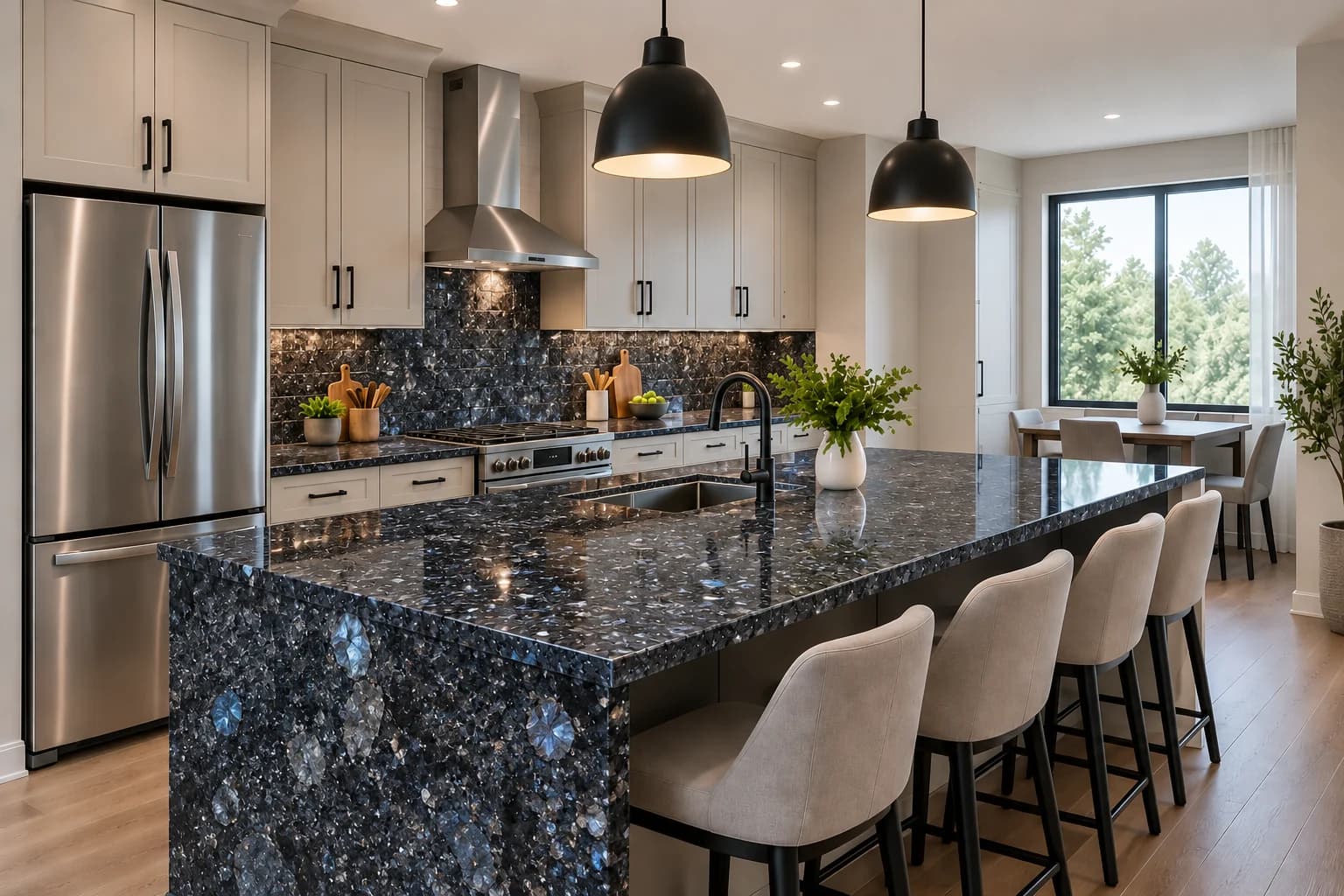 The same kitchen rendered in Blue Pearl Granite
