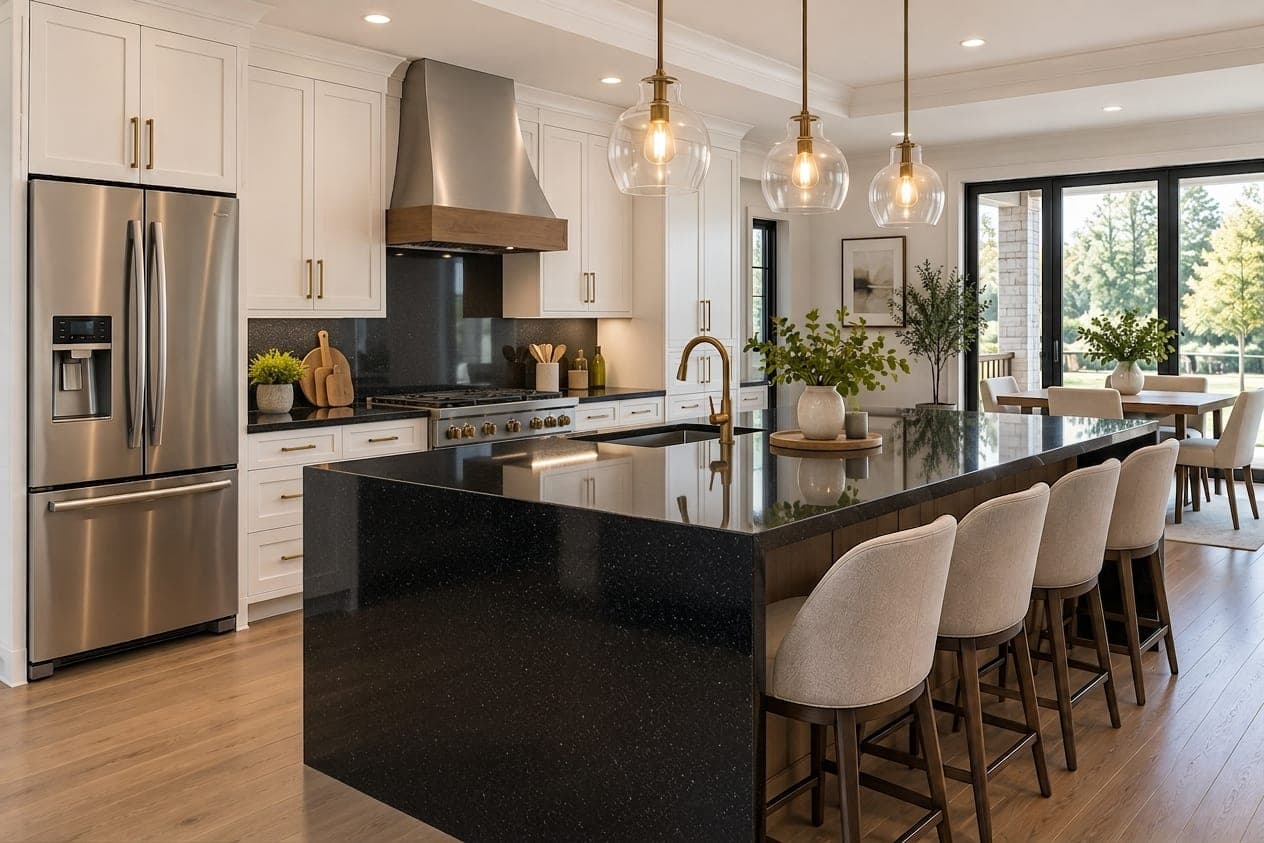 The same kitchen rendered in Absolute Black Granite