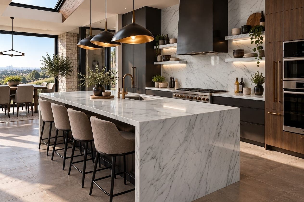 The same kitchen rendered in Carrara White Marble